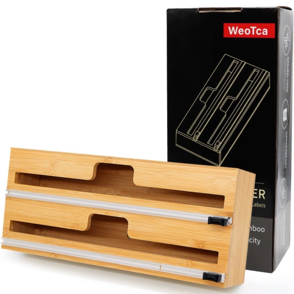 2 in 1 Bamboo Wrap Dispenser with Cutters and Labels, Sustainable Organizer NEW